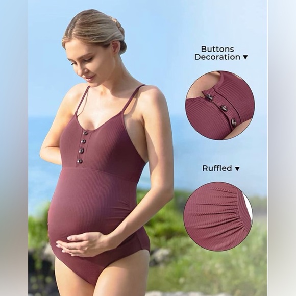 Maternity Swimsuit One Piece With Ribbed, Button Front Design Size XL — Burgundy - Picture 5 of 7